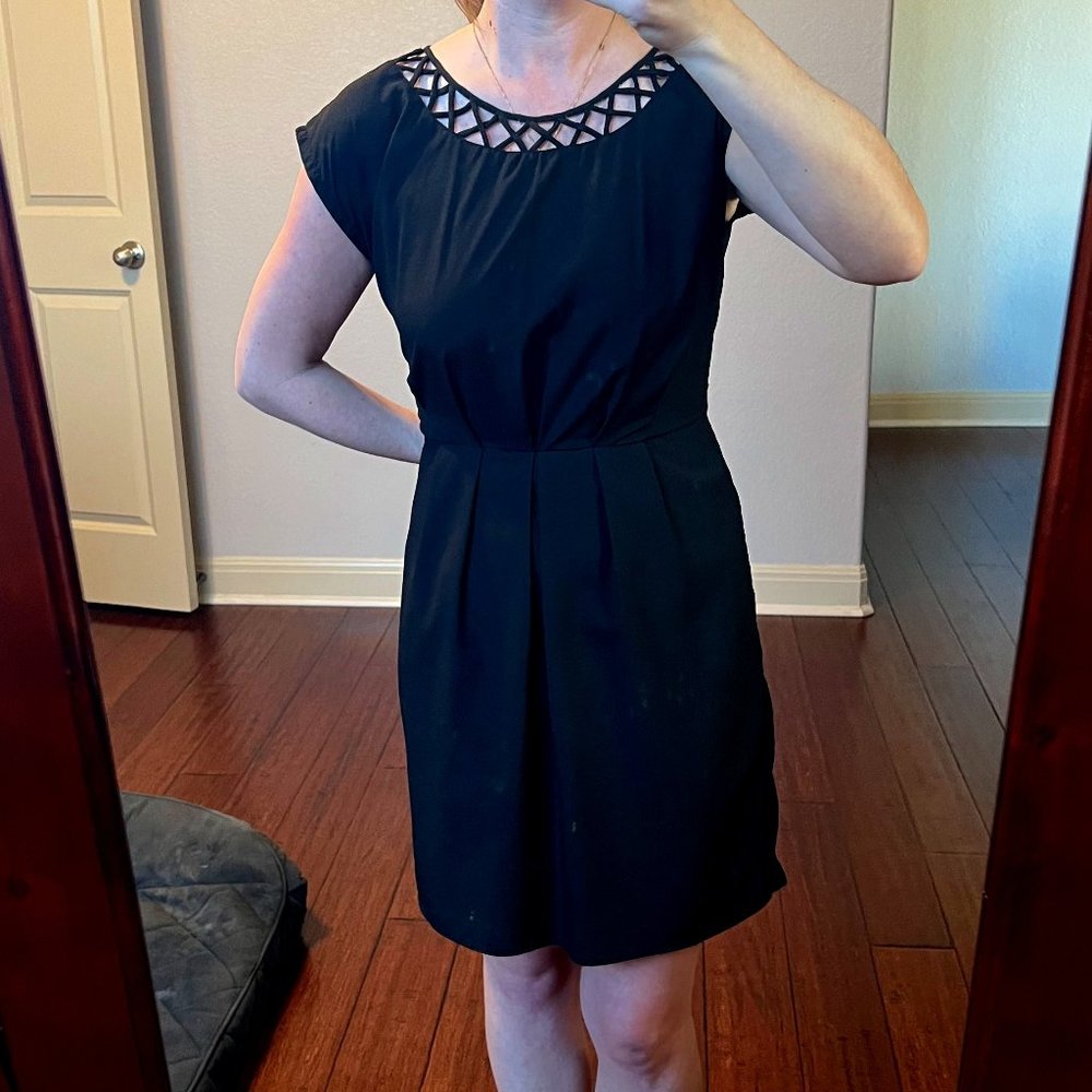 Black Knee Length Dress with Geometric Neckline
